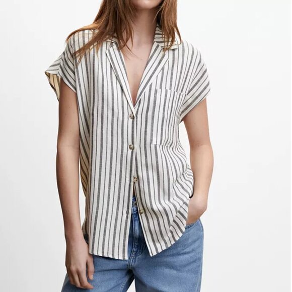 MANGO Women's Striped Linen-Blend Shirt - Picture 1 of 5